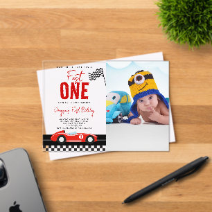 Fast One Race Car Boy Photo 1st Birthday Party Acrylic Invitations