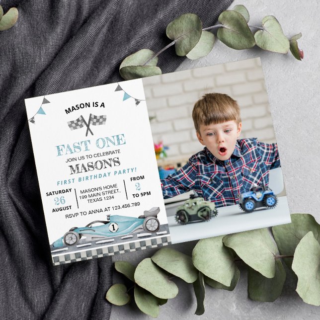 Fast One Race Car Photo Anniversaire Invitation (Créateur téléchargé)