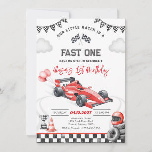Fast One Race Car Red First 1st Boy Birthday Invitation