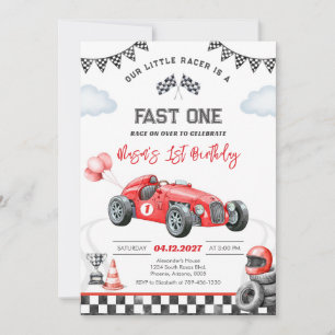 Fast One Race Car Red First 1st Boy Birthday  Invitation