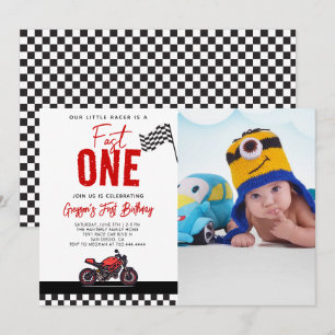 Fast One Race Motorcycle Photo 1st Birthday Party Invitation