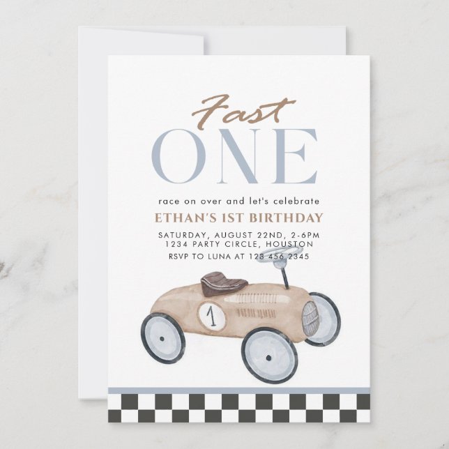 Fast One Racing Car First Birthday Invitation (Front)