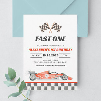 Fast One Racing Car Vintage First Birthday Invitation