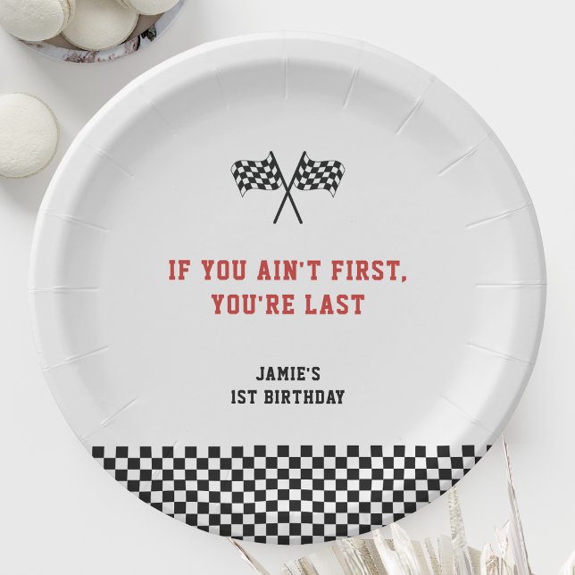 Fast One Racing Minimalist 1st Birthday Paper Plate (If you ain't first, you're last Racing Birthday Boy's 1st Birthday)