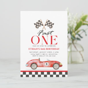 Fast One Racing Red Car First Birthday Invitation