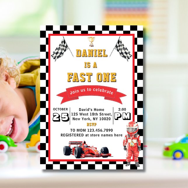 Fast One Racing Theme Chequered Flag Birthday Invitation (Creator Uploaded)