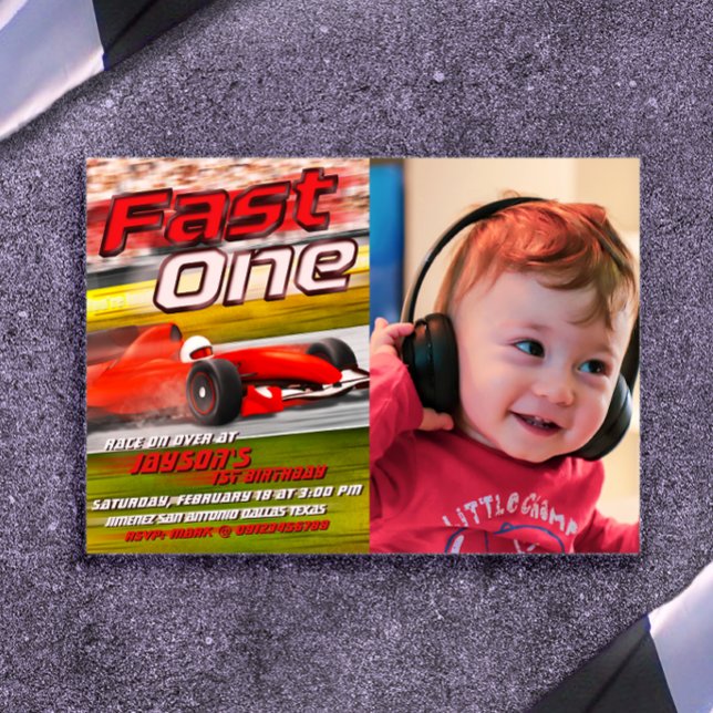 Fast One Racing with Picture Invitation (Fast One - Racing 1st Birthday Landscape Invitation with Photo)