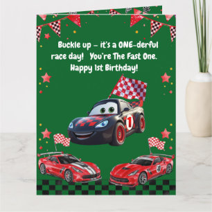 Fast One Red & Black Race Car Kids Photo Birthday Card