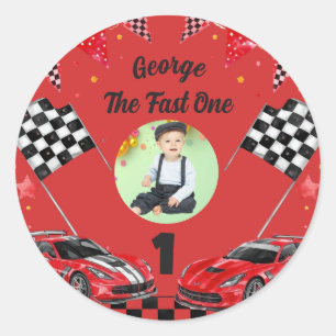 Fast One Red & Black Race Car Photo 1st Birthday Classic Round Sticker