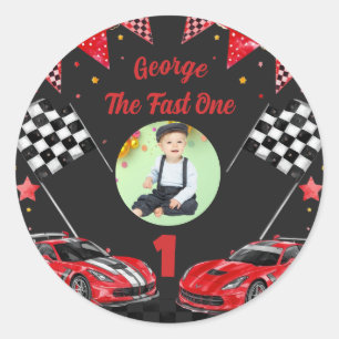Fast One Red & Black Race Car Photo 1st Birthday Classic Round Sticker