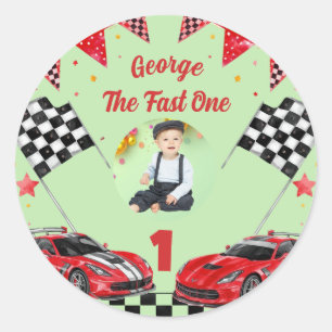 Fast One Red & Black Race Car Photo 1st Birthday Classic Round Sticker