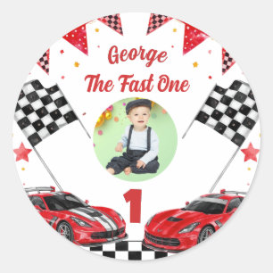 Fast One Red & Black Race Car Photo 1st Birthday Classic Round Sticker