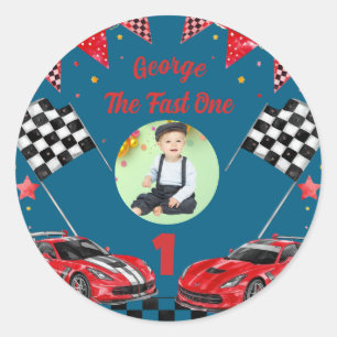 Fast One Red & Black Race Car Photo 1st Birthday Classic Round Sticker
