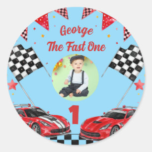 Fast One Red & Black Race Car Photo 1st Birthday Classic Round Sticker