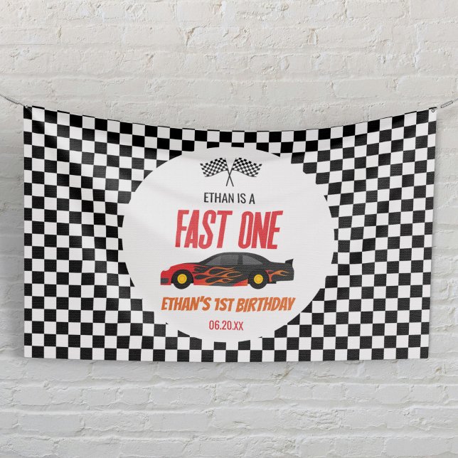 Fast One Red Flame Race Car 1st Birthday Party Banner (Creator Uploaded)