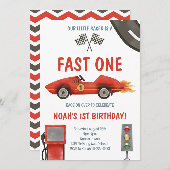 Fast One Red Race Car 1er Invitation anniversaire (Devant / Derrière)