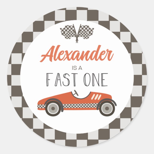 Fast One red Race Car Birthday Classic Round Sticker (Front)