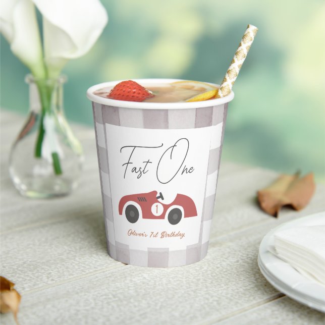 Fast One Red Race Car Boy 1st Birthday Paper Cups (Insitu)