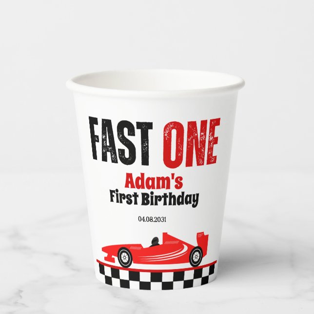 Fast One Red Race Car Boy 1st Birthday Party Paper Cups (Front)