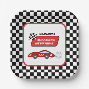 Fast one red race car racing boy 1st birthday paper plate