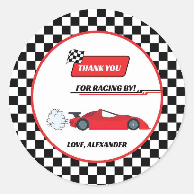 Fast one red retro race car theme boy's birthday  classic round sticker (Front)