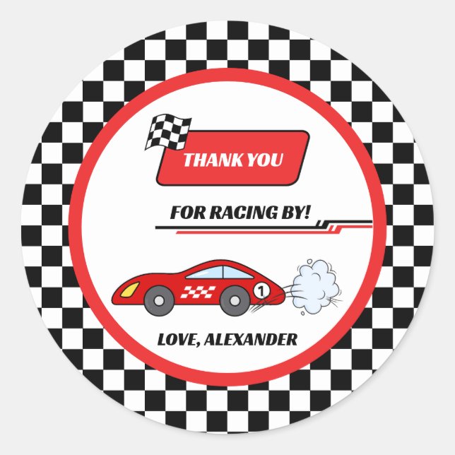 Fast one red retro race car theme boy's birthday  classic round sticker (Front)