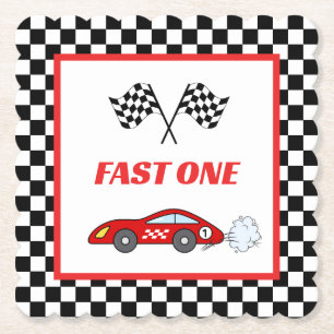 Fast one red retro race car theme boy's birthday  paper coaster