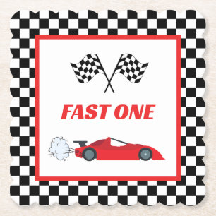 Fast one red retro race car theme boy's birthday  paper coaster