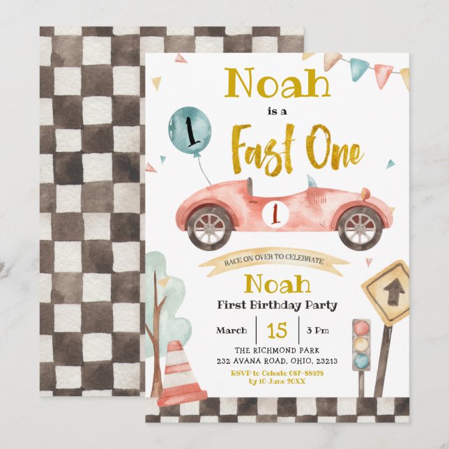 Fast One Retro Racing Car Invitation (Front/Back)