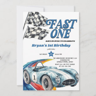 Fast One Vintage Blue Race Car Boy First Birthday Invitation