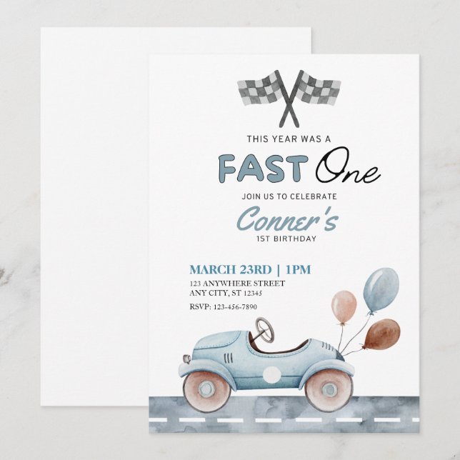 Fast One Watercolor Car and Baloons First Birthday Invitation (Front/Back)