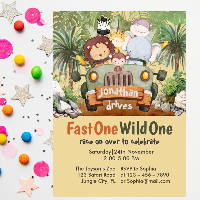 Fast One Wild One Safari Animals Car 1st Birthday Invitation (Creator Uploaded)