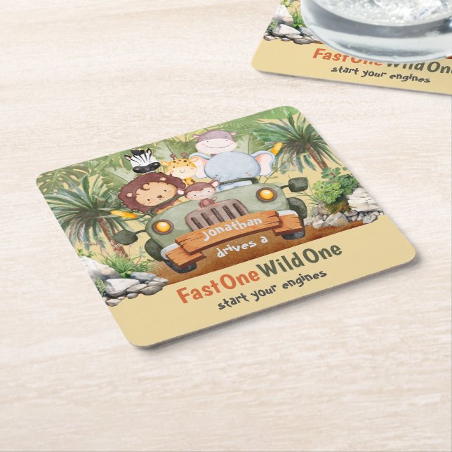 Fast One Wild One Safari Animals Car 1st Birthday Square Paper Coaster (Angled)