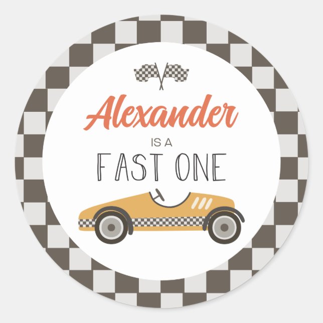 Fast One yellow Race Car Birthday Classic Round Sticker (Front)