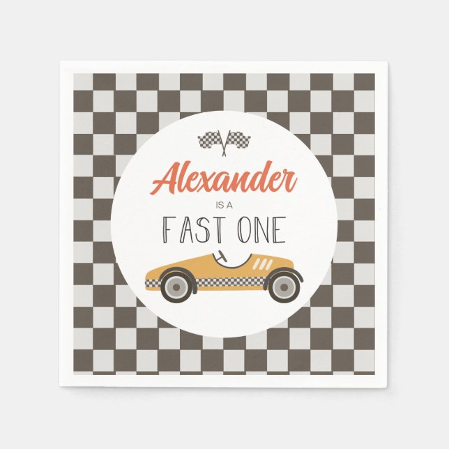 Fast One yellow Race Car Birthday Napkin (Front)
