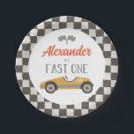 Fast One yellow Race Car Birthday Paper Plates<br><div class="desc">Fast One Race Car 1st Birthday plate with yellow vintage race car.</div>