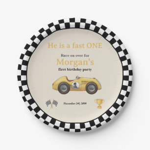Fast One Yellow Race Car Kids First Birthday Party Paper Plate
