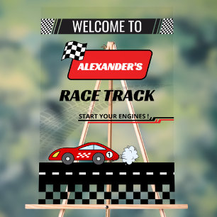 Fast retro red car race track boy birthday welcome acrylic sign