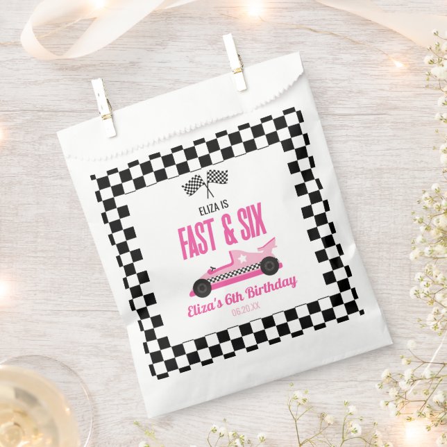 Fast & Six Pink Race Car 6th Birthday Party Favour Bag (Clipped)