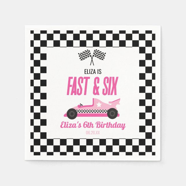 Fast & Six Pink Race Car 6th Birthday Party Napkin (Front)