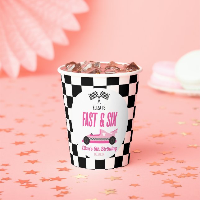 Fast & Six Pink Race Car 6th Birthday Party Paper Cups (Insitu)