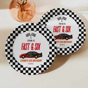 Fast & Six Red Flame Race Car 6th Birthday Party Paper Plate