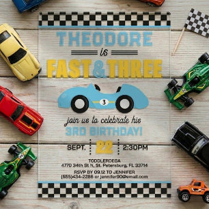 Fast & Three Race Car 3rd Birthday Acrylic Invitations