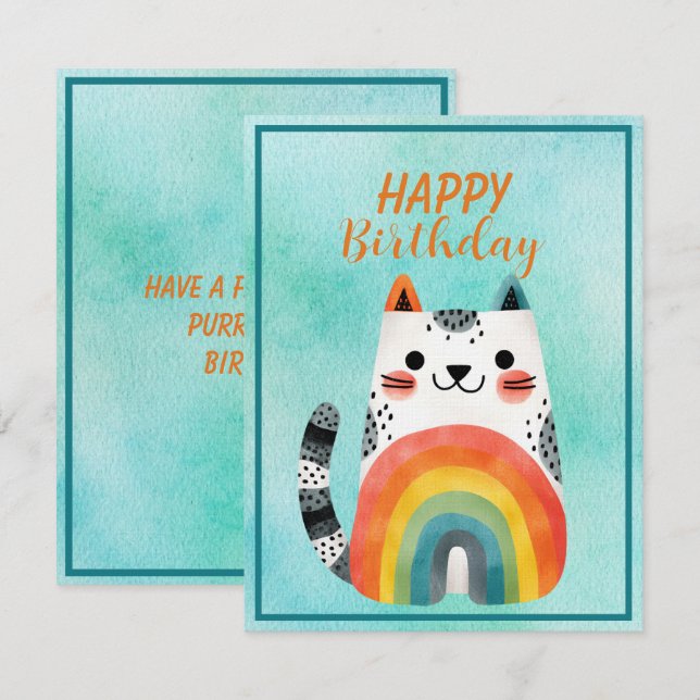 Fat Abstract Cat Happy Birthday Flat Note Card (Front/Back)
