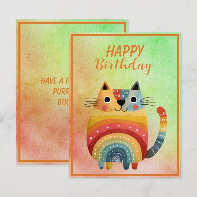 Fat Abstract Cat Happy Birthday Flat Note Card (Front/Back)