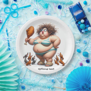 Fat Animated Girl eating fried chicken Paper Plate