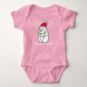 Fat Bear Winter, White Bear Santa Hat,Xmas Lights Baby Bodysuit