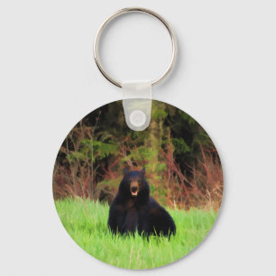 Fat Black Bear and Wild Grasses Wildlife Art Keychain