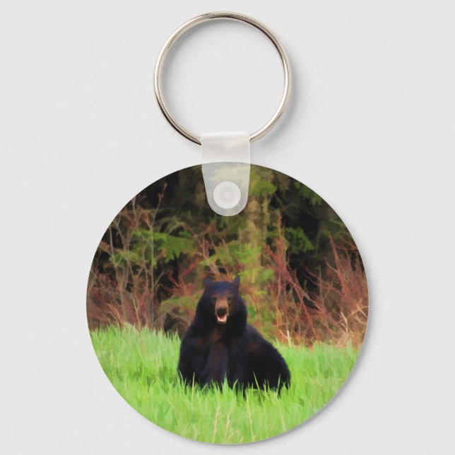 Fat Black Bear and Wild Grasses Wildlife Art Keychain (Front)