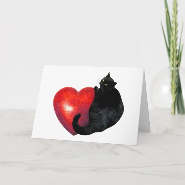 Fat Black Cat with Big Red Heart Card (Front)